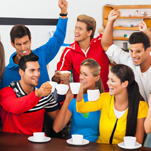 Bạn bè cổ vũ cho đội bóng yêu thích trong khi thưởng thức cà phê