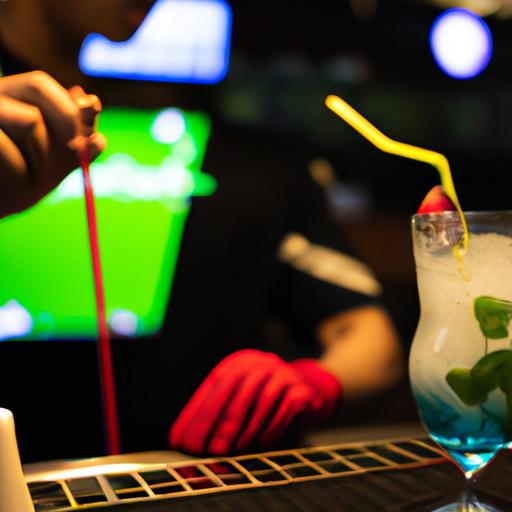 Bartender chuẩn bị một ly cocktail thơm ngon tại quán cafe bóng đá Đà Nẵng, trong khi TV phát trực tiếp trận đấu bóng đá ở phía sau.