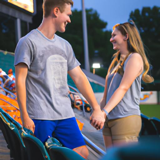 Đôi tình nhân mặc trang phục thường ngày, nắm tay nhau và cùng nhau thưởng thức trận đấu tại sân vận động.