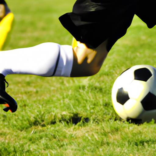 Cầu thủ bóng đá chạy dọc sân với bóng nằm gọn dưới chân.