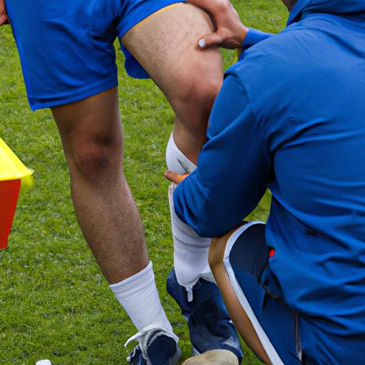 Chấn thương đầu gối khi đá bóng: Cầu thủ được chăm sóc y tế cho chấn thương đầu gối trên sân bóng đá.