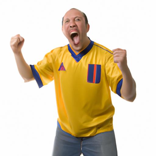 Một người đàn ông mặc áo đấu bóng đá cổ vũ nhiệt tình