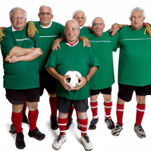 Một nhóm cầu thủ bóng đá già chụp ảnh đội hình.