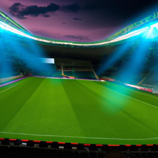 Một khung cảnh ban đêm của sân vận động bóng đá với ánh đèn màu sắc chiếu sáng sân.