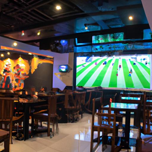 Tầm nhìn toàn cảnh của quán cafe bóng đá Đà Nẵng với màn hình lớn phát trực tiếp trận đấu bóng đá.