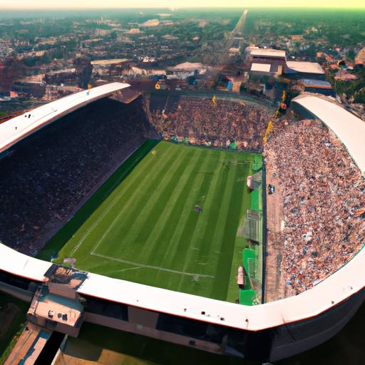 Khung cảnh từ trên cao của sân vận động bóng đá đông đảo khán giả khi họ theo dõi một trận đấu lịch sử diễn ra.
